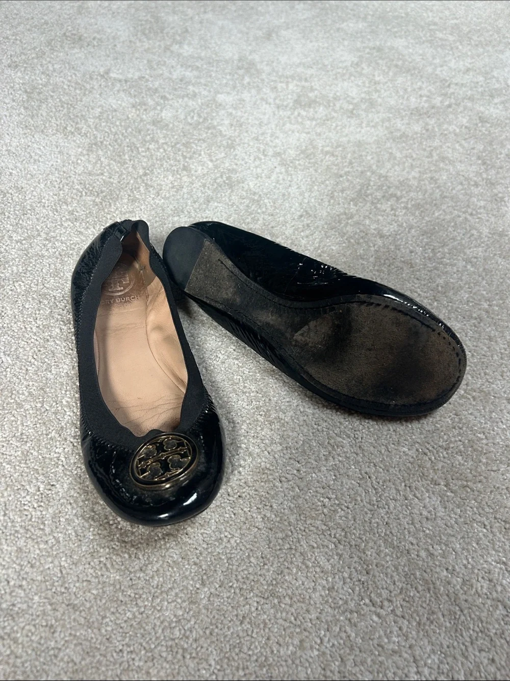 Tory Burch Black Patent Leather Logo Round-Toe Ballet Flats